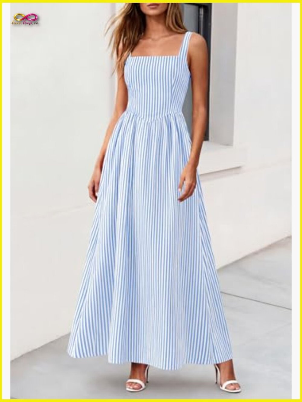 Striped Maxi Dress Smocked A-Line Flowy Beach Vacation Party Square Neck - Picture 2 of 7